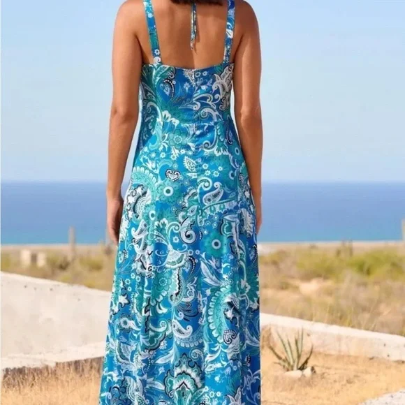 Boston Proper Stamped Floral Blues Print Necklace Detail  Maxi Dress, Size 10 - Picture 2 of 11